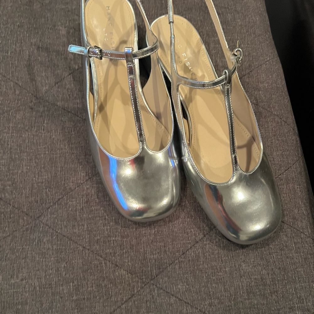 Marc Fisher Metallic Silver T-Strap Flats